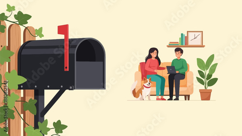 Couple with dog and mailbox, indoor scene with plant