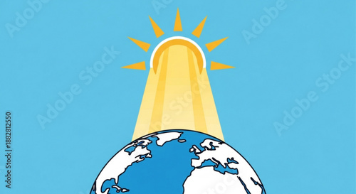 Earth from below with sun's rays shining down on it symbolizing hope and global illumination on a clear blue background