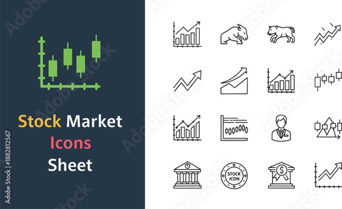 Black outline icon sheet of stock market and financial trading concepts
