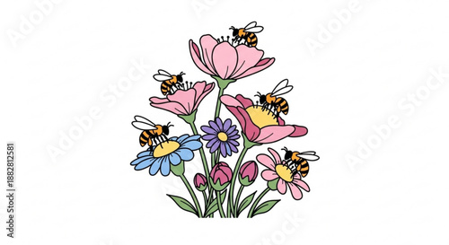 Colorful flowers with bees illustration vibrant petals busy bees collecting nectar simple white background spring floral design