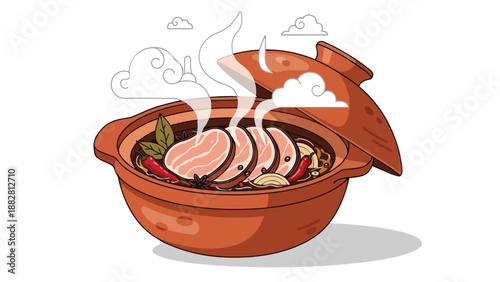 Steaming clay pot filled with savory sliced meat, chilies, bay leaves, and star anise, an appetizing hot culinary dish. Freshly cooked cuisine