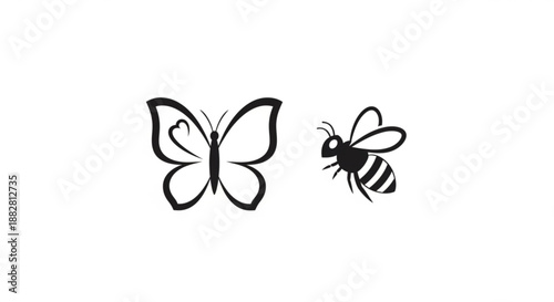 Butterfly and bee flying together in black silhouette on white background symbolizing friendship and harmony in nature