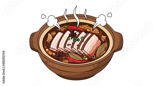 Steaming savory pork belly stew in a rustic clay pot, garnished with vibrant red chilies and aromatic spices, illustrating a warm, hearty,