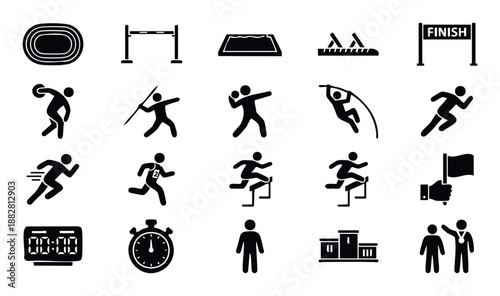 Comprehensive set of track and field athletics icons featuring various events, equipment, and participants for sportsrelated marketing materials, educational resources, and graphic