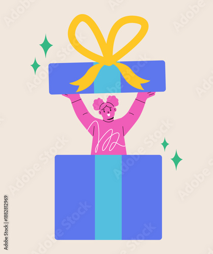 Girl inside gift box. Colorful vector illustration