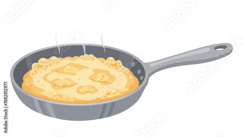 A savory breakfast pancake or fluffy omelette is skillfully cooking in a hot kitchen frying pan, gently steaming with warmth, promising a delicious