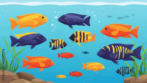 Diverse, colorful aquatic life swims serenely in a bright blue underwater scene