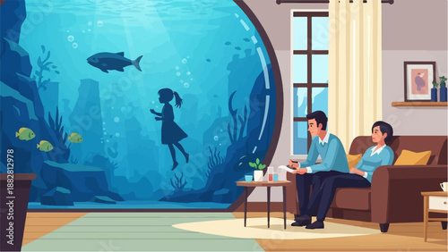 Couple watches a silhouette of a child interact with fish in a large aquarium