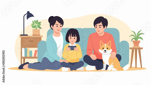 Family and dog enjoying screen time together on the floor in a living room