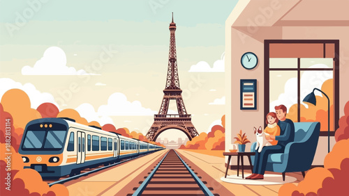 Family and dog relax indoors with Eiffel Tower and train view