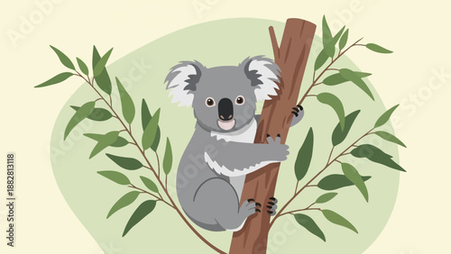Cute koala clings to eucalyptus tree with green leaves in soft tones