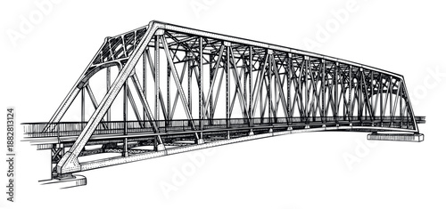 Detailed ink drawing of a classic steel truss bridge showcasing complex structural engineering and architectural design, ideal for historical publications, educational materials, and