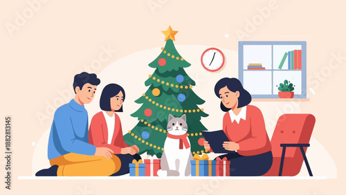 Family and pet enjoying Christmas by the tree, with gifts