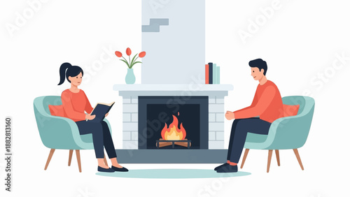 Cozy home scene with two people relaxing by a fireplace