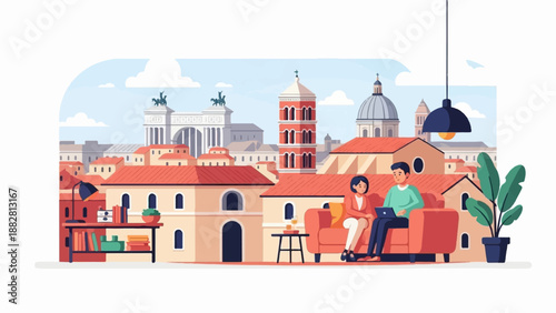 Couple using laptop at home with historic city view