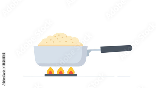 Flat design illustration of a saucepan with granular food cooking on three gas flames, depicting kitchen activity.
