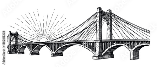 Stylized monochrome illustration of a grand cablestayed bridge with multiple arches and a radiating sunrise, suitable for showcasing engineering feats, urban landscapes, and journey
