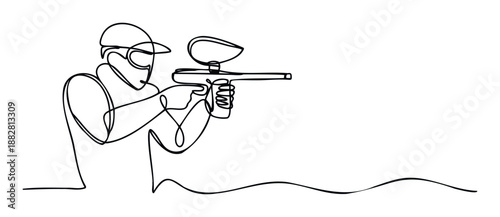 Dynamic one line drawing of a paintball player in protective gear aiming a marker, ideal for sporting event advertising, recreational activity flyers, or game related graphic materials