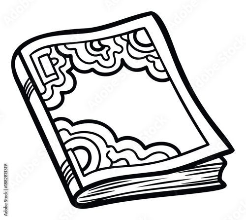 Black and white outline drawing of a closed book with a decorative frame on its cover, perfect for educational illustrations, childrens coloring activities, and literacy project graphics.