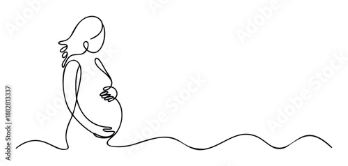 Elegant single line drawing of a pregnant woman gently touching her baby bump, symbolizing motherhood, expectation, and new life, perfect for maternal healthcare promotions or family