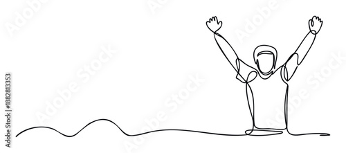 A minimalist continuous line drawing captures a person with raised arms in a triumphant pose, symbolizing success, achievement, and celebration for various motivational contexts and visual