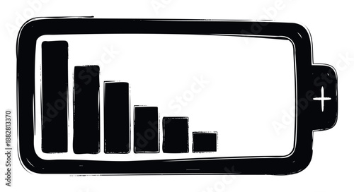 Hand drawn grunge style battery icon showing decreasing power level for user interface elements, application indicators, and energy management warnings