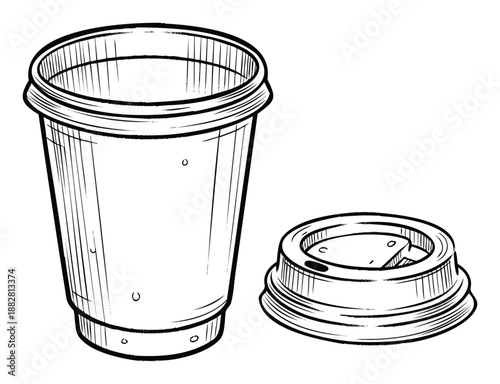 Disposable takeaway coffee cup with a separate lid in a handdrawn sketch style, perfect for illustrating food and beverage packaging, ecofriendly themes, or caf menus
