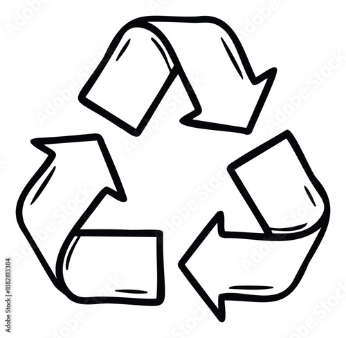 A simple handdrawn doodle style recycling symbol representing environmental sustainability and ecofriendly practices for product packaging and green lifestyle promotions