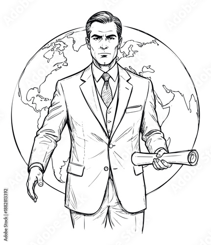 A determined man in a sharp suit holding a rolled document represents global achievement and leadership for corporate educational and professional development presentations.