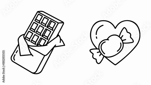 Simple line art illustration of a chocolate bar and a heart with a candy isolated on white background, Vector, illustration