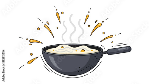 Dynamic kitchen scene showcasing a vibrant illustration of a black frying pan actively bubbling with a creamy, textured white liquid and golden
