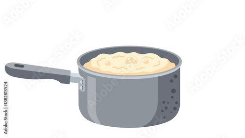 Simple illustration of a cooking pot filled with a warm, creamy meal on a white background, ready for serving