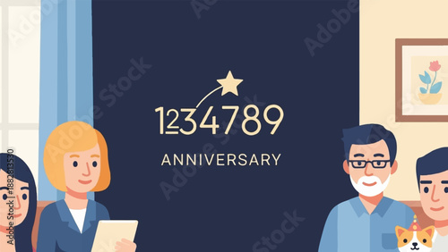 Diverse group celebrates anniversary with a dog and framed art in a warm room