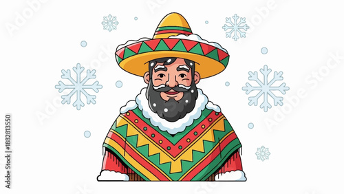 Festive winter man in sombrero and poncho amidst snowflakes