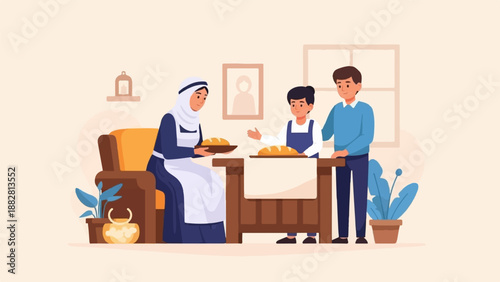 Family baking bread together in a warm, inviting indoor setting