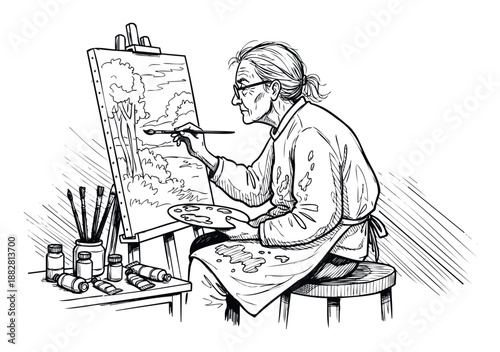 Senior painter intently creating a landscape on an easel using a brush and palette, ideal for illustrating hobbies, creative leisure, or retirement activities.
