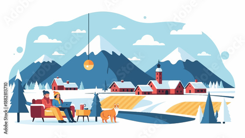 Cozy winter scene with a couple on a couch, a dog, and a village