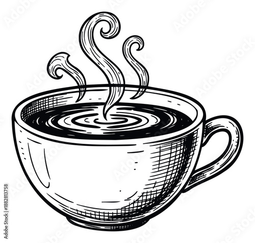 Classic hand drawn hot coffee or tea beverage in a mug with steam rising perfect for cafe menus restaurant branding or morning beverage concepts.