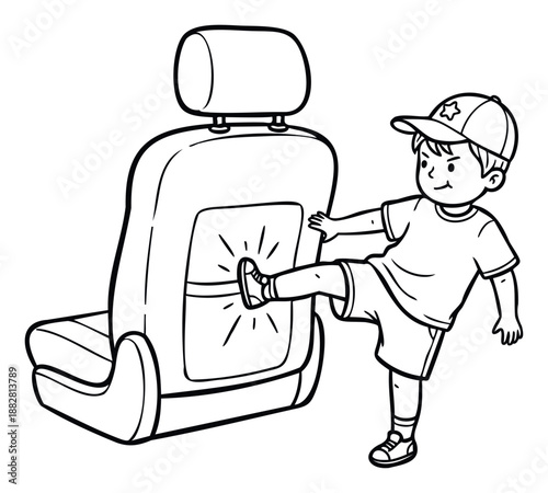 Young boy in a baseball cap aggressively kicking the back of a car seat, representing common child misbehavior during vehicle travel, useful for educational or parenting content.