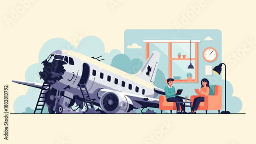 Damaged aircraft in backyard, people relaxing indoors