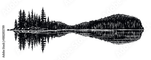 Stylized hand drawn forest with evergreen trees and serene mountain reflection on a tranquil lake surface creating a unique symmetrical nature landscape graphic for environmental themes and