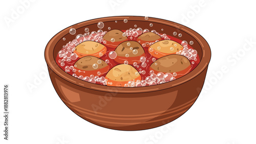 A charming cartoon of a rustic bowl brimming with warm, effervescent stew, several plump, cooked dumplings immersed in a delicious simmering
