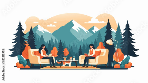Cozy indoor scene with mountain backdrop, two women relaxing