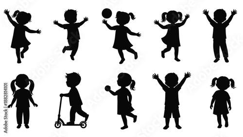 Silhouettes of Children Playing and Jumping with Ball and Scooter black white