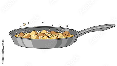 Cartoon illustration of fresh potatoes simmering in a hot frying pan on a white background