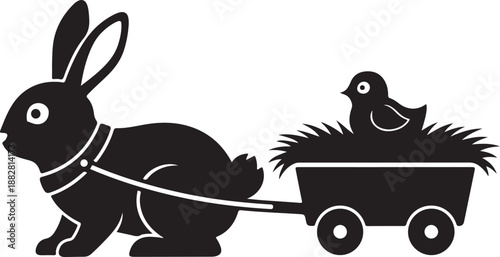 Easter Bunny Pulling Chick Cart Silhouette Cute Design