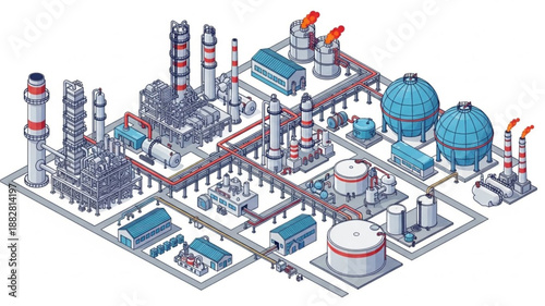 Industrial Power Plant Complex with Turbines and Tanks.