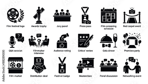 Collection of film festival icons representing movie industry events, awards, screenings, and networking, perfect for graphic resources, promotional materials, and digital applications.