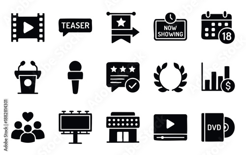 Comprehensive set of entertainment industry icons presenting movie production, film promotion, audience engagement, and financial aspects suitable for digital presentations, applications,