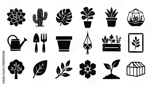 Diverse collection of plant and gardening icons featuring potted plants, natural foliage, and essential tools, perfect for ecological web graphics, agricultural presentations, and botanical